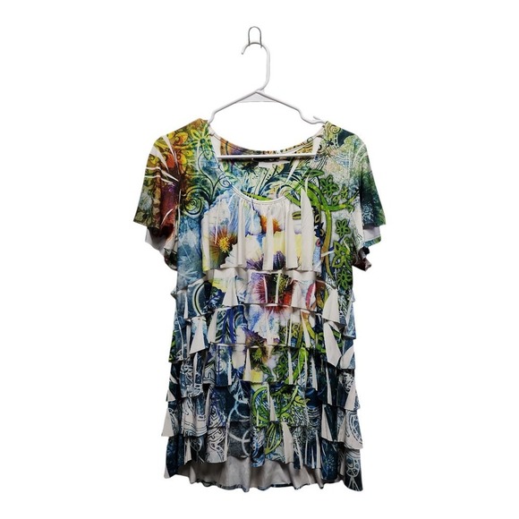 🌿 Green Tropical Tiered Jersey Blouse -‎ Size M | Slinky & Stretchy - Picture 1 of 7